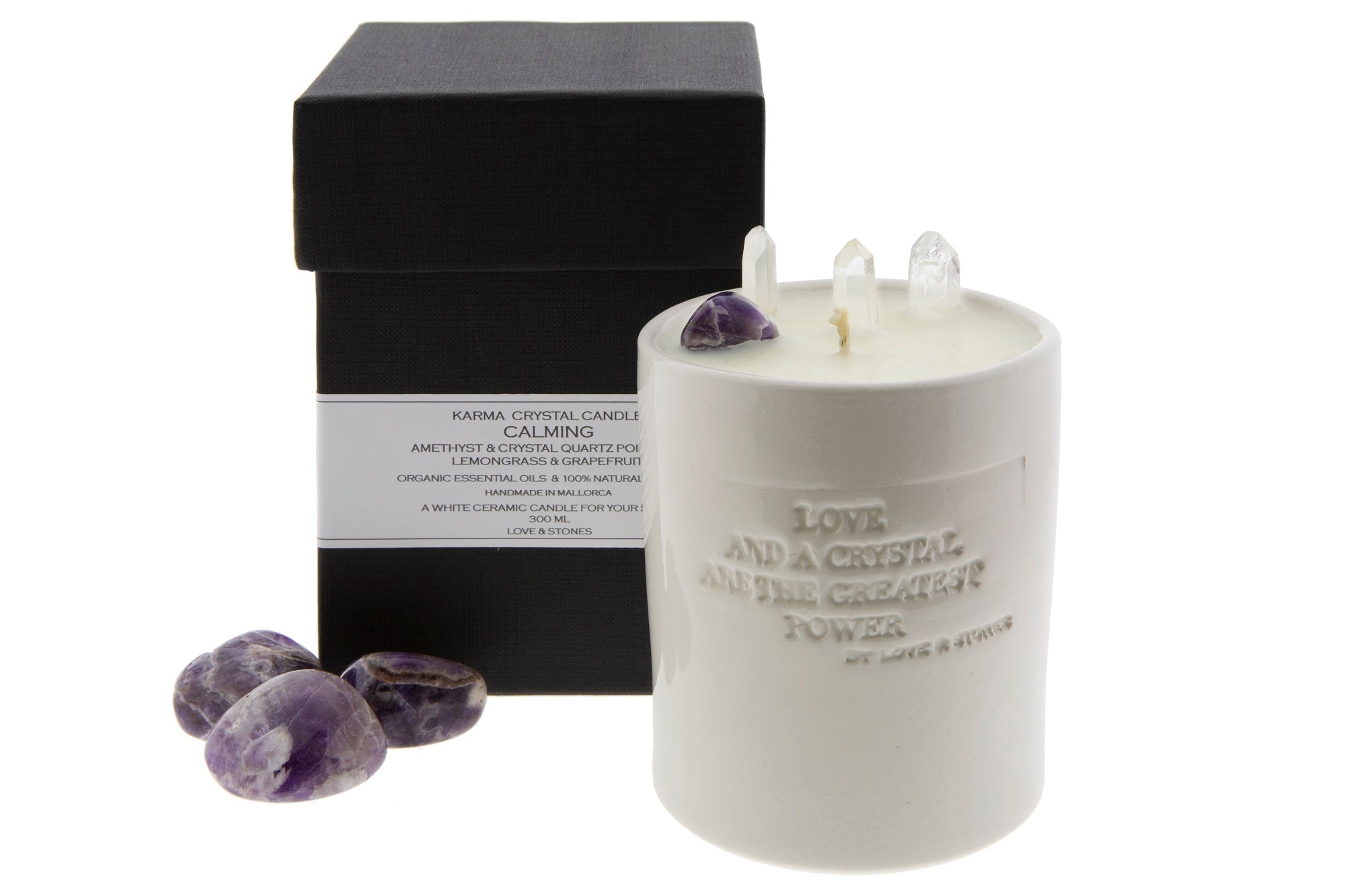 LOVE & STONES - Small White Ceramic Amethyst Crystal Candle 20123