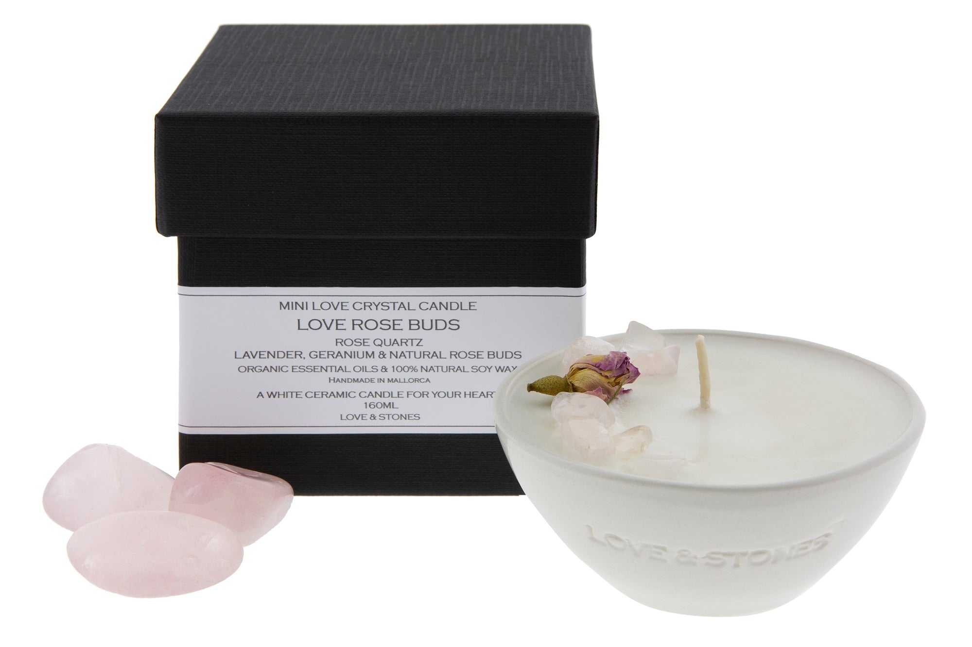 LOVE & STONES - Mini Love White Ceramic Rose Buds Crystal Candle 20165