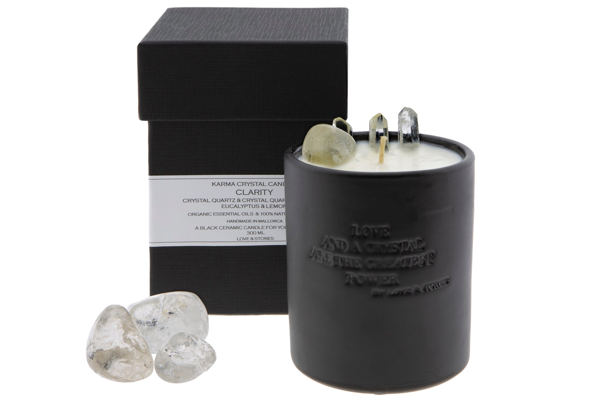 LOVE & STONES - Small Clarity Black Ceramic Crystal Quartz Candle 20202